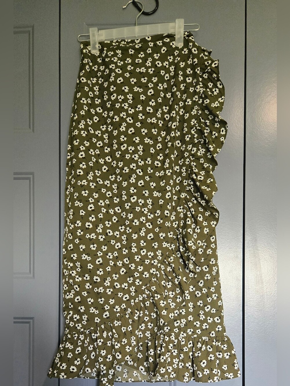 Olive Green Floral Ruffle Midi Wrap Skirt